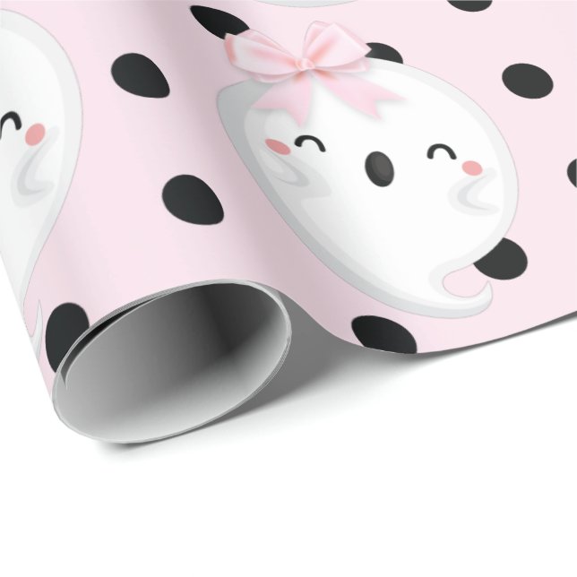 Halloween Girl Birthday Rosa Black Polka dot Ghost Presentpapper (Rullad Hörn)