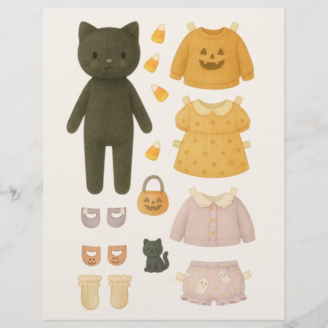 Halloween Girl Black Cat Watercolor Papper Doll Reklamblad (Framsidan)