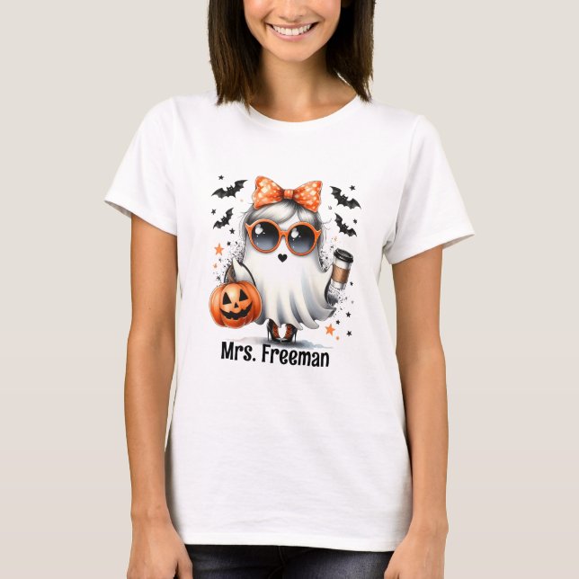 Halloween Girl Ghost med kaffe och Pumpkin T Shirt (Framsida)