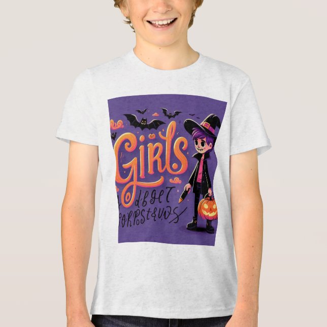 Halloween Girl i Lila Witch Costume T-Shirt (Framsida)