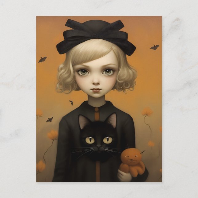 Halloween Girl med katt Vykort (Framsida)