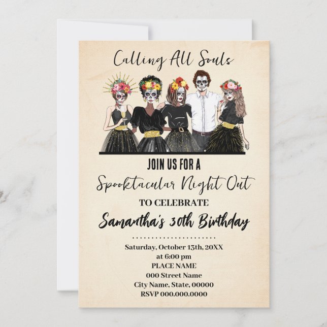 Halloween Girls Natt ut i Day of the dead Inbjudningar (Framsida)