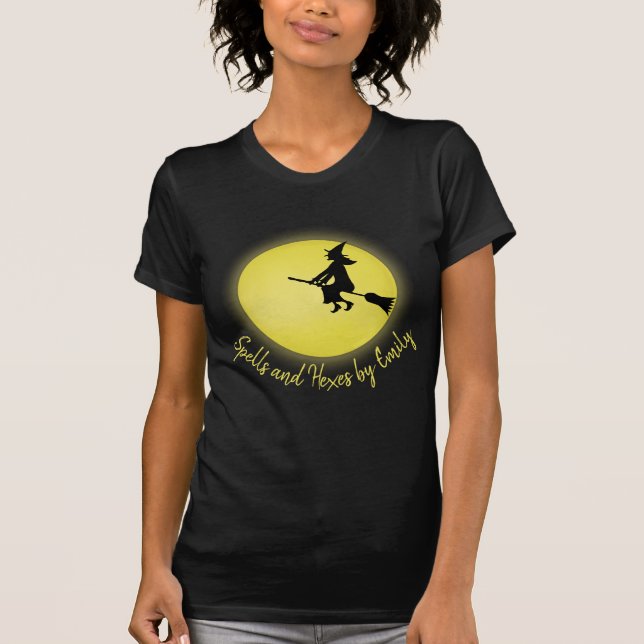 Halloween Girly Flies Witch Whimsical Full Moon T Shirt (Framsida)