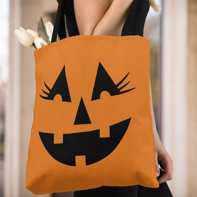 Halloween Girly Jack-O-Lantern Pumpkin Ansikte Tygkasse (Halloween Girly Jack-O-Lantern Pumpkin Face Tote Bag)