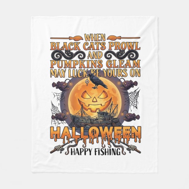 Halloween Glad Fiske Svarta Katter Pumpa Kråka A Fleecefilt (Framsidan)