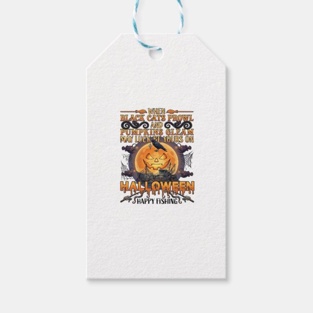 Halloween Glad Fiske Svarta Katter Pumpa Kråka A Presentetikett (Framsidan)