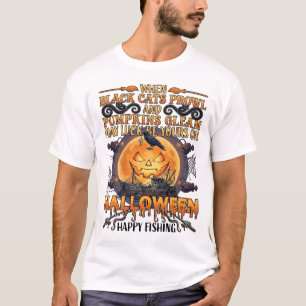 Halloween Glad Fiske Svarta Katter Pumpa Kråka A T Shirt