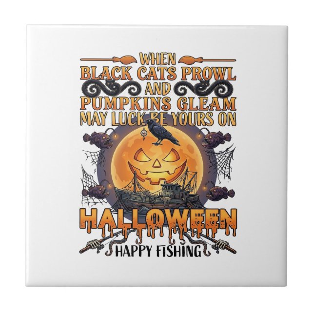 Halloween Glad Fiske Svarta Katter Pumpor Kråka A Kakelplatta (Framsidan)