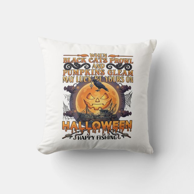 Halloween Glad Fiske Svarta Katter Pumpor Kråka A Kudde (Framsida)