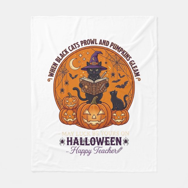 Halloween Glad Lärare Svart Katt Häxa Hatt Pumpa Fleecefilt (Framsidan)