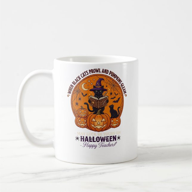 Halloween Glad Lärare Svart Katt Häxa Hatt Pumpa Kaffemugg (Vänster)