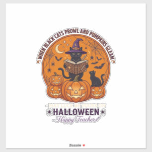 Halloween Glad Lärare Svart Katt Häxa Hatt Pumpa Klistermärken