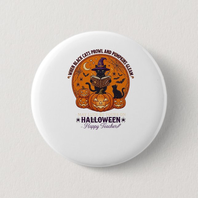 Halloween Glad Lärare Svart Katt Häxa Hatt Pumpa Knapp (Framsida)