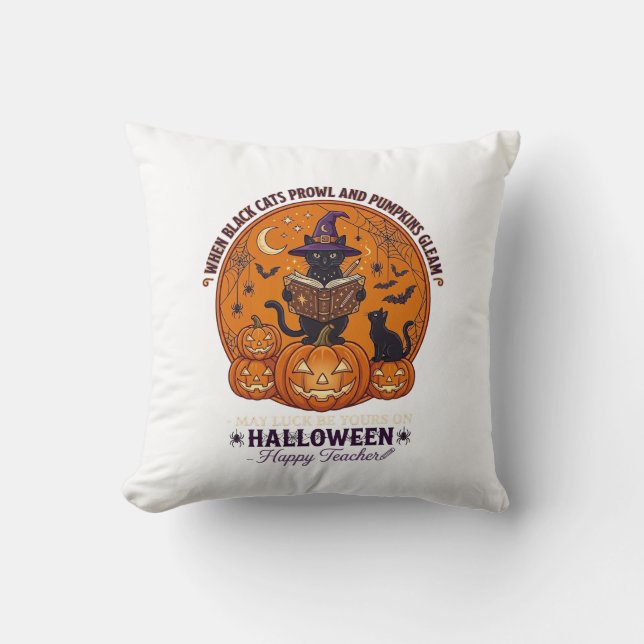 Halloween Glad Lärare Svart Katt Häxa Hatt Pumpa Kudde (Framsida)