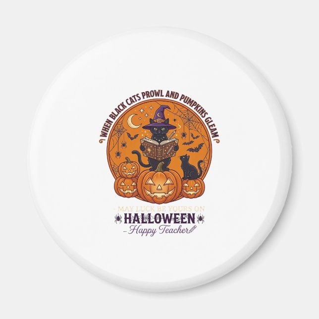 Halloween Glad Lärare Svart Katt Häxa Hatt Pumpa Magnet (Framsidan)