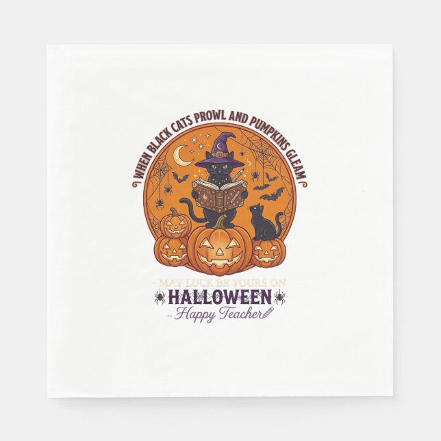 Halloween Glad Lärare Svart Katt Häxa Hatt Pumpa Pappersservett (Framsidan)
