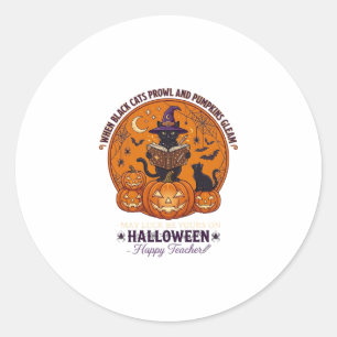 Halloween Glad Lärare Svart Katt Häxa Hatt Pumpa Runt Klistermärke