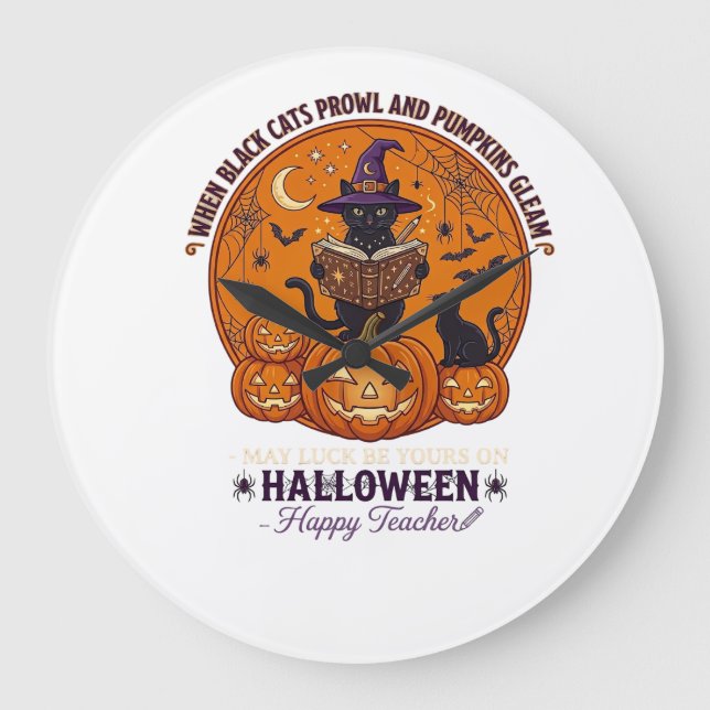 Halloween Glad Lärare Svart Katt Häxa Hatt Pumpa Stor Klocka (Framsida)