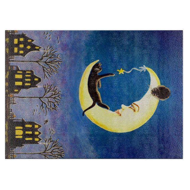 Halloween glass skärbräda, måne, svart, katter (Framsidan)