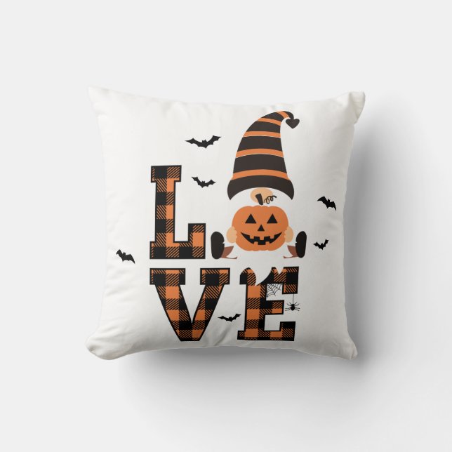 Halloween Gnome Tartan KÄRLEK Svart Orange Kudde (Framsida)
