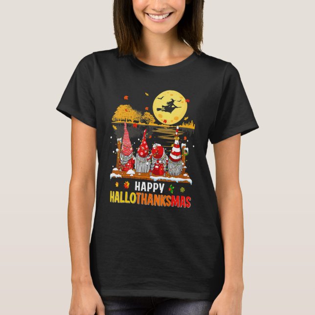 Halloween Gnomes Happy HalloThanksMas Thanksgiving T Shirt (Framsida)