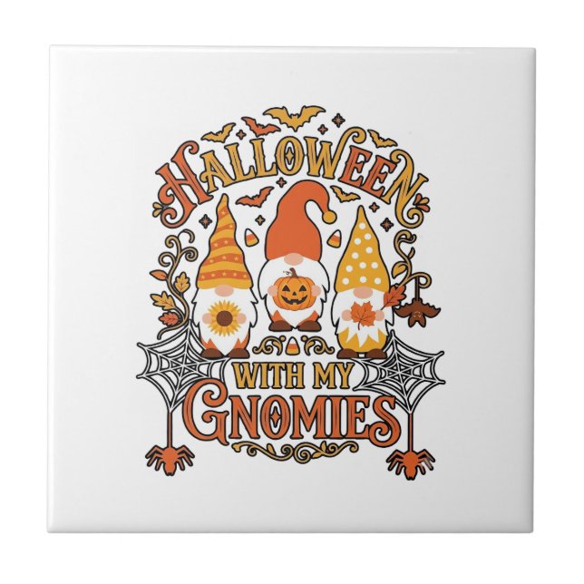 Halloween Gnomies Pumpa Spindelväv Fladdermöss_1 Kakelplatta (Framsidan)