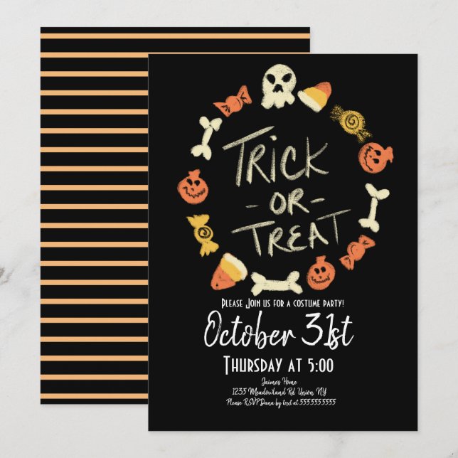Halloween Godis Kritstil Kostym Födelsedagsinbjuda Inbjudningar (Fram/baksida)