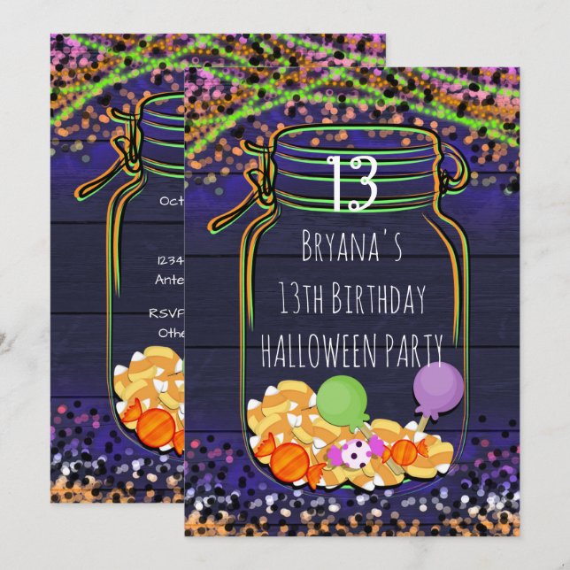 Halloween-godis Mason-burk festinbjudningar Inbjudningar (Fram/baksida)