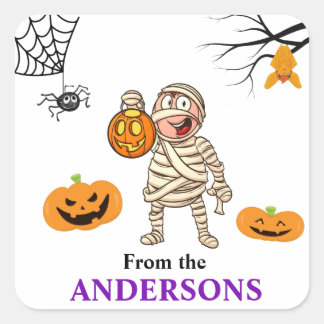 Halloween-godsaksetikett Söt Mummy-pojke-dekal Fyrkantigt Klistermärke
