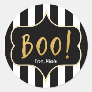 Halloween Gold BOO svart och vit randig dekal Runt Klistermärke