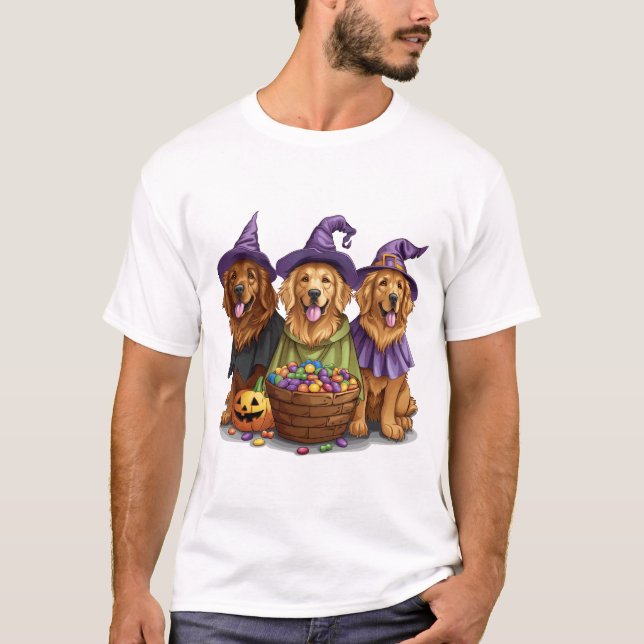 Halloween Golden Retriever Häxhundar T Shirt (Framsida)