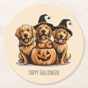 Halloween Golden Retriever Hundar Jack o lantern Underlägg Papper Rund