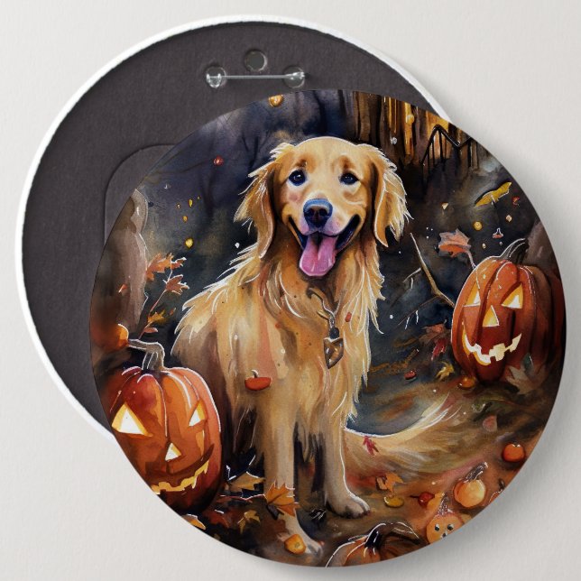 Halloween Golden Retriever Med Pumpa Skräckinjagan Knapp (Framsida & baksida)