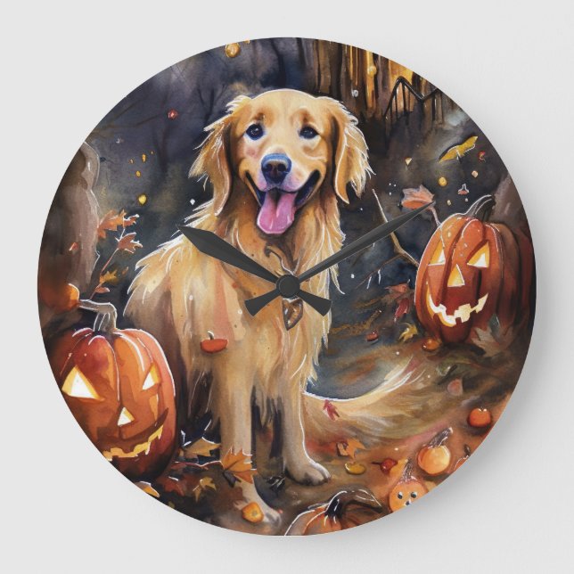 Halloween Golden Retriever Med Pumpa Skräckinjagan Stor Klocka (Framsida)