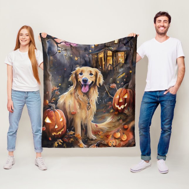 Halloween Golden Retriever med pumpor Fleecefilt (På plats)