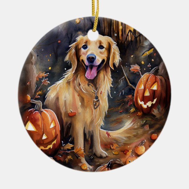 Halloween Golden Retriever med pumpor Julgransprydnad Keramik (Framsidan)