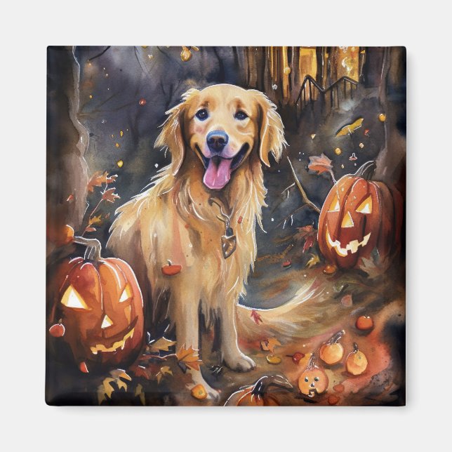 Halloween Golden Retriever med pumpor Magnet (Framsidan)