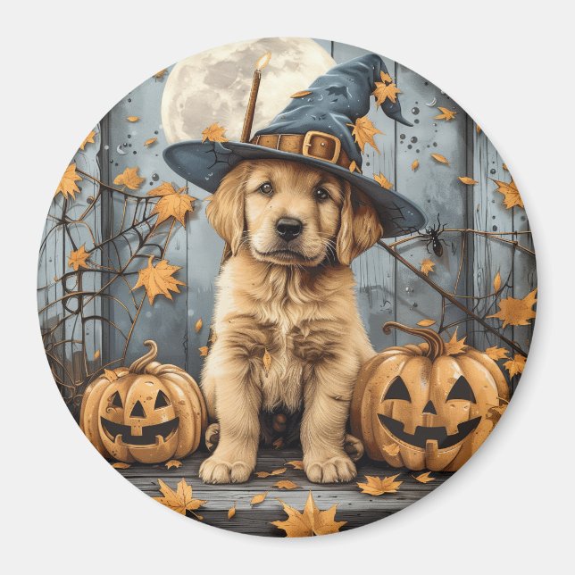 Halloween Golden Retriever Puppy Jack O Lanterns Magnet (Framsidan)