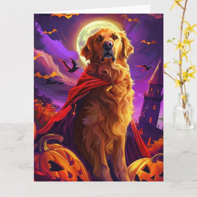 Halloween Golden Retriever Vampire Pumpkins Scary Kort (Gul blomma)