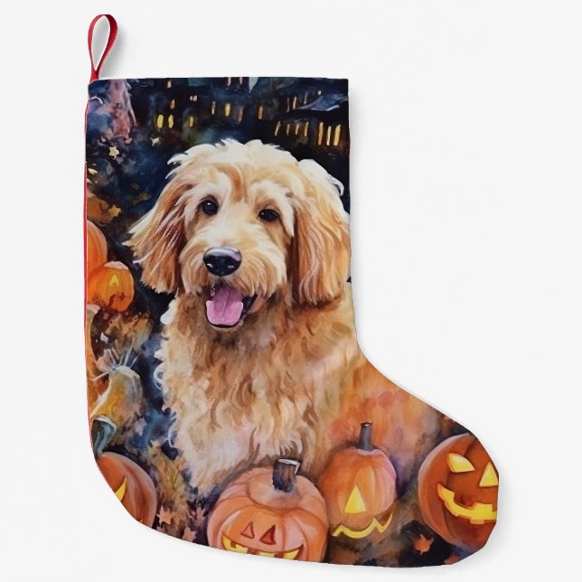 Halloween Goldendoodle Med Pumpa Skräck Liten Julstrumpa (Framsidan)