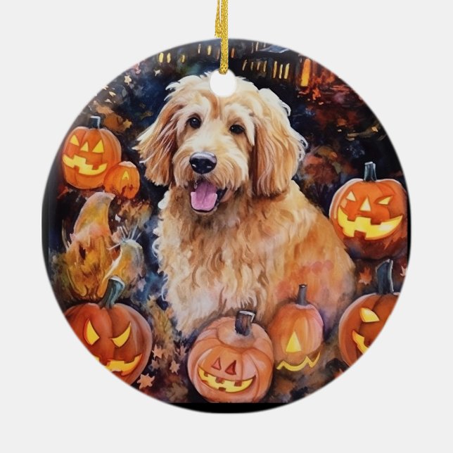 Halloween Goldendoodle med pumpor Scary Julgransprydnad Keramik (Baksidan)