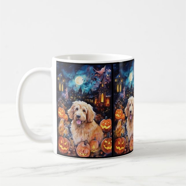 Halloween Goldendoodle med pumpor Scary Kaffemugg (Vänster)