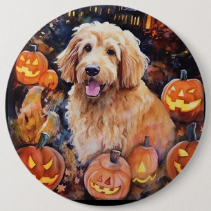 Halloween Goldendoodle med pumpor Scary Knapp