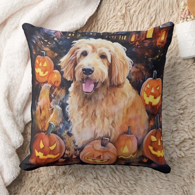 Halloween Goldendoodle med pumpor Scary Kudde (Filt)