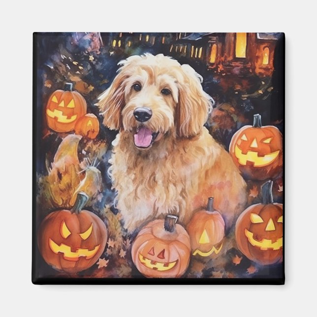 Halloween Goldendoodle med pumpor Scary Magnet (Framsidan)