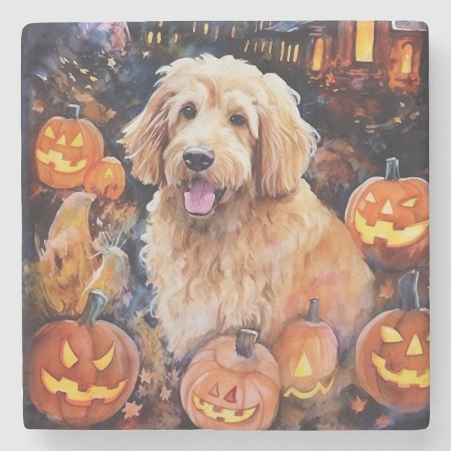 Halloween Goldendoodle med pumpor Scary Stenunderlägg (Framsidan)