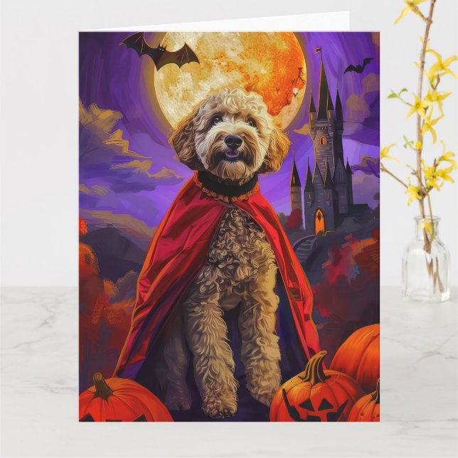 Halloween Goldendoodle Vampire Pumpkins Scary Kort (Gul blomma)