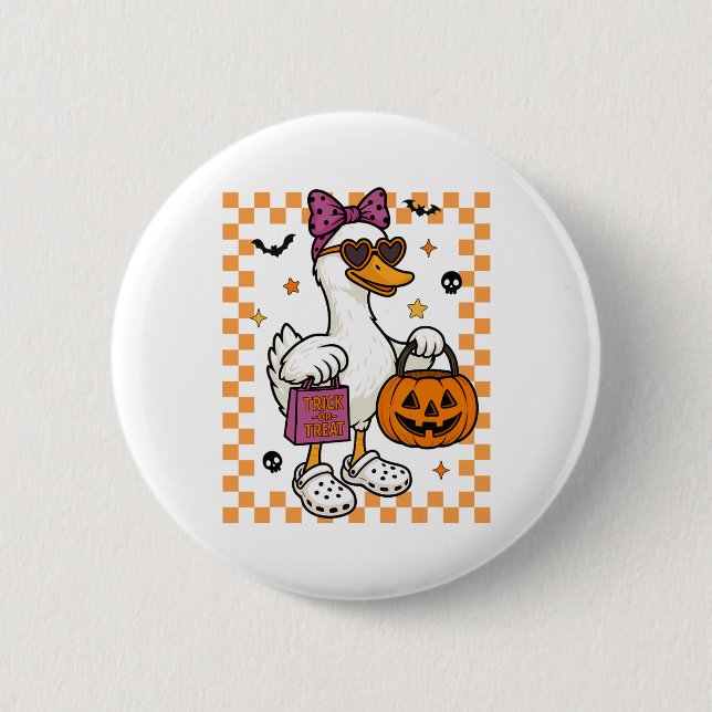 Halloween Goose Ghost Bow Coquette Bus eller godis Knapp (Framsida)