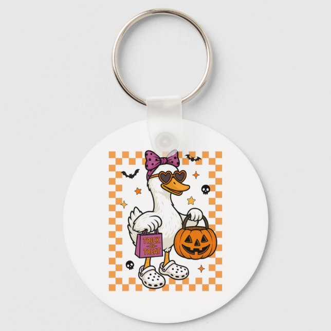 Halloween Goose Ghost Bow Coquette Bus eller godis Nyckelring (Framsida)