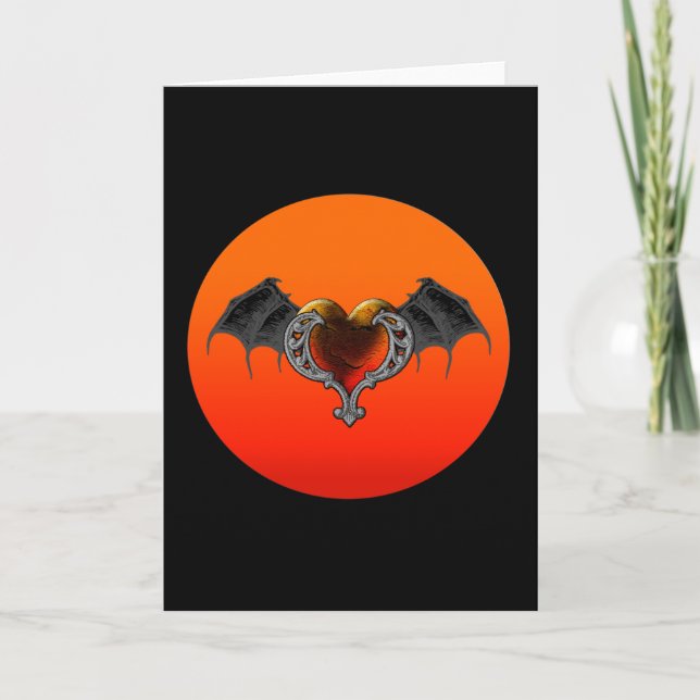 Halloween Goth Orange Heart med Fladdermus Vingar  Kort (Framsida)